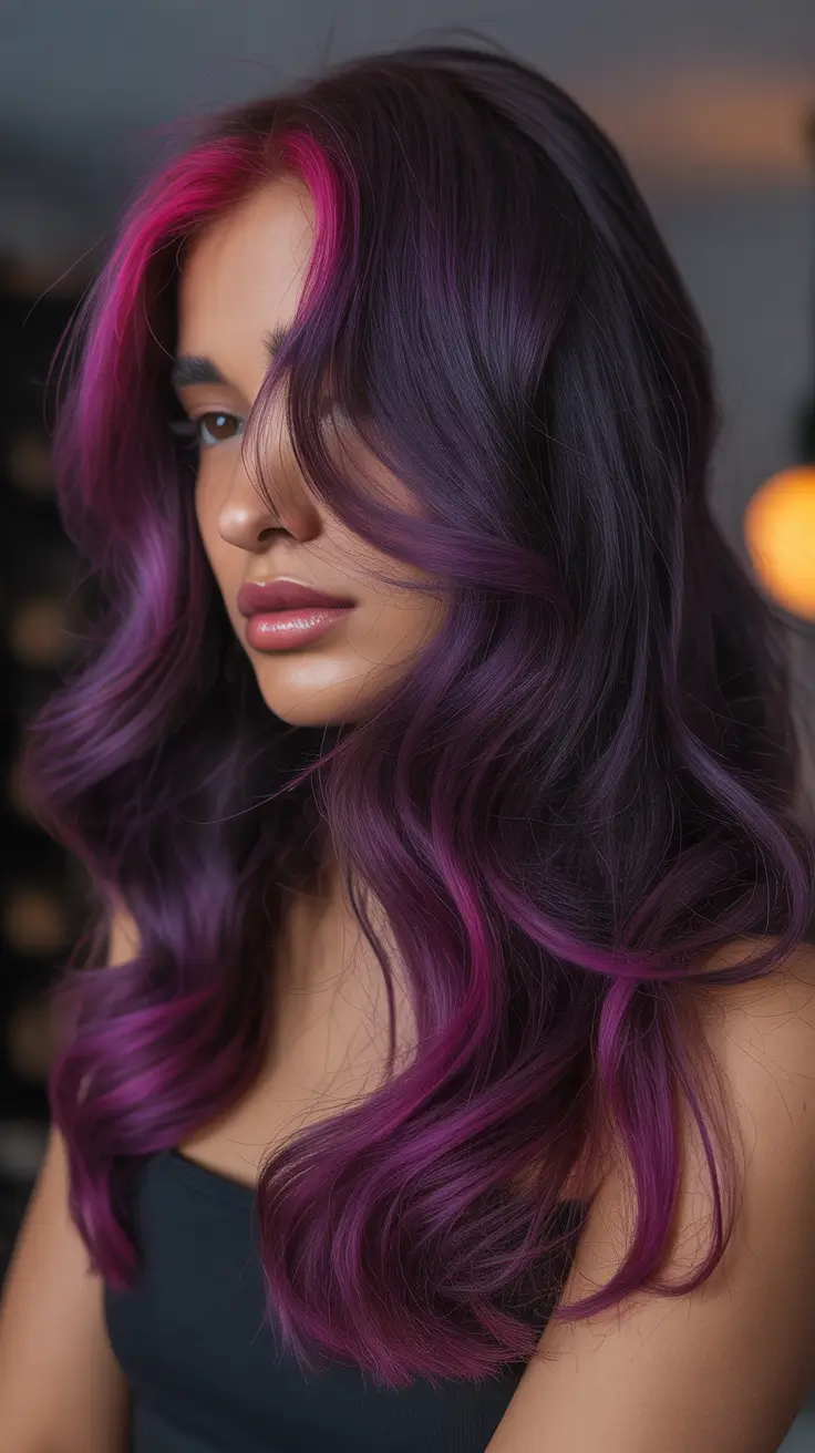 purple hair color Electric Cherry-Plum Layers With Hot Pink Accents