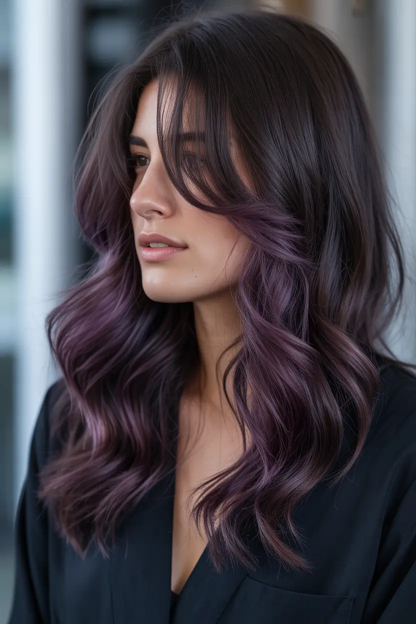 purple hair color Soft Violet Balayage Melt With Cascading Layers