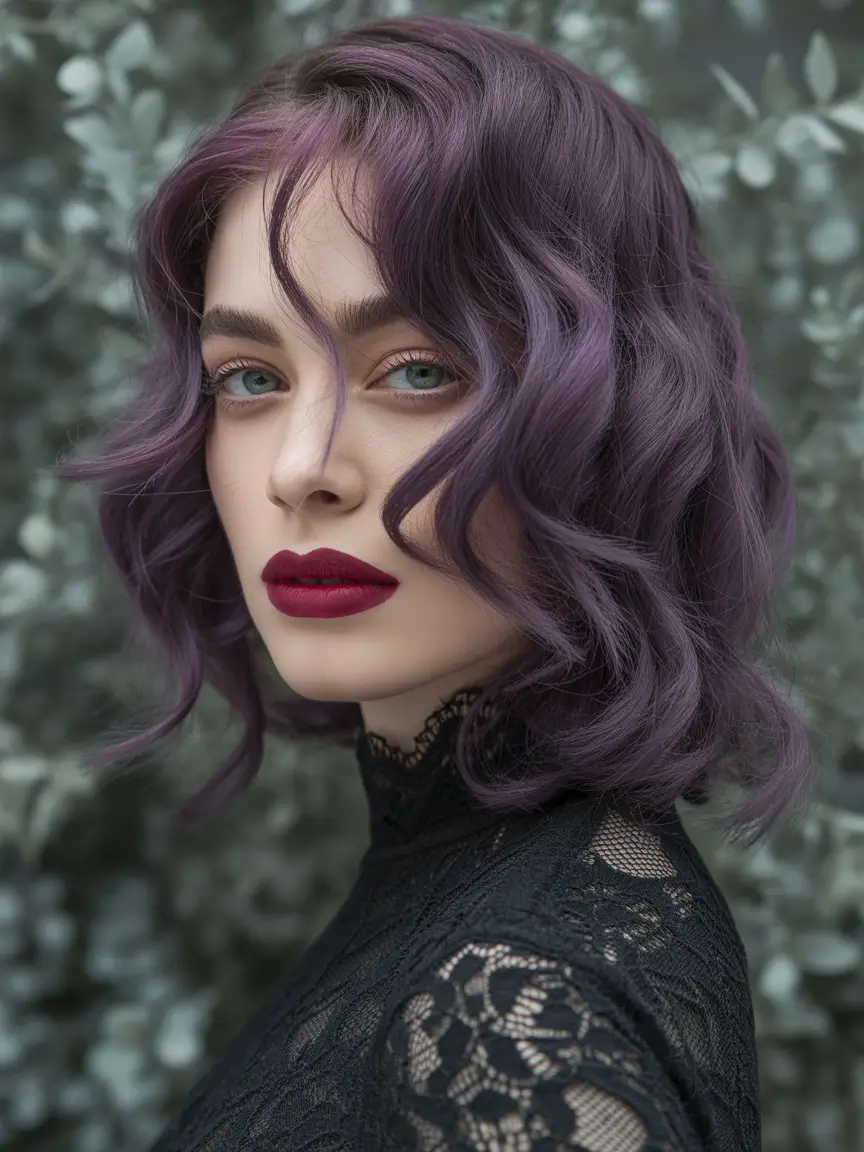 purple hair color Vintage Grape Curls With Soft Volume and Classic Elegance