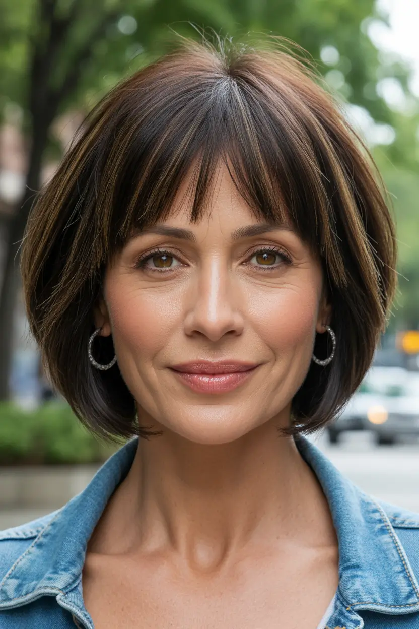 haircut Chocolate Feathered Bob With Light Fringe