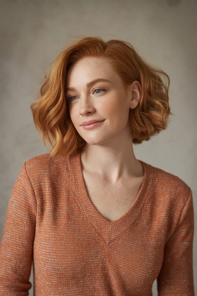 haircut Soft Ginger Wavy Bob With Side Lift