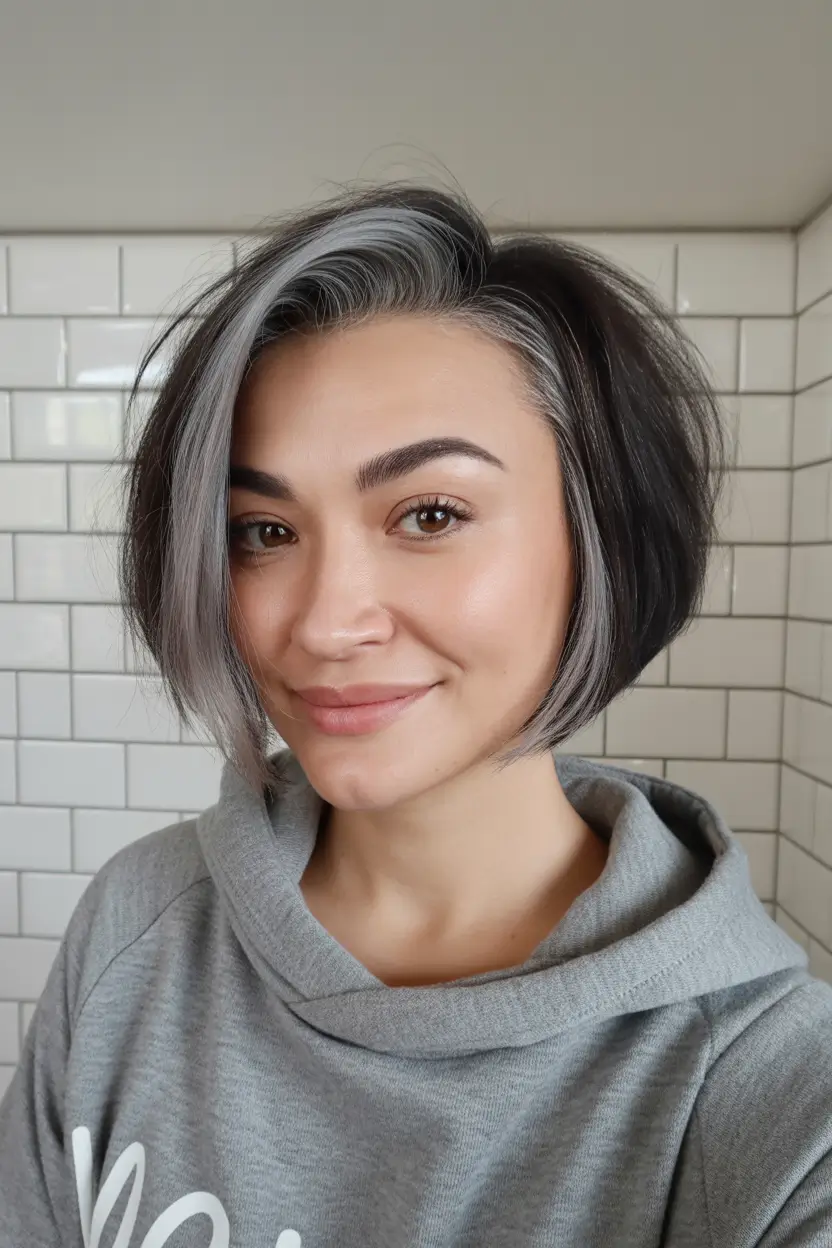 haircut Textured Silver-Black Angled Bob