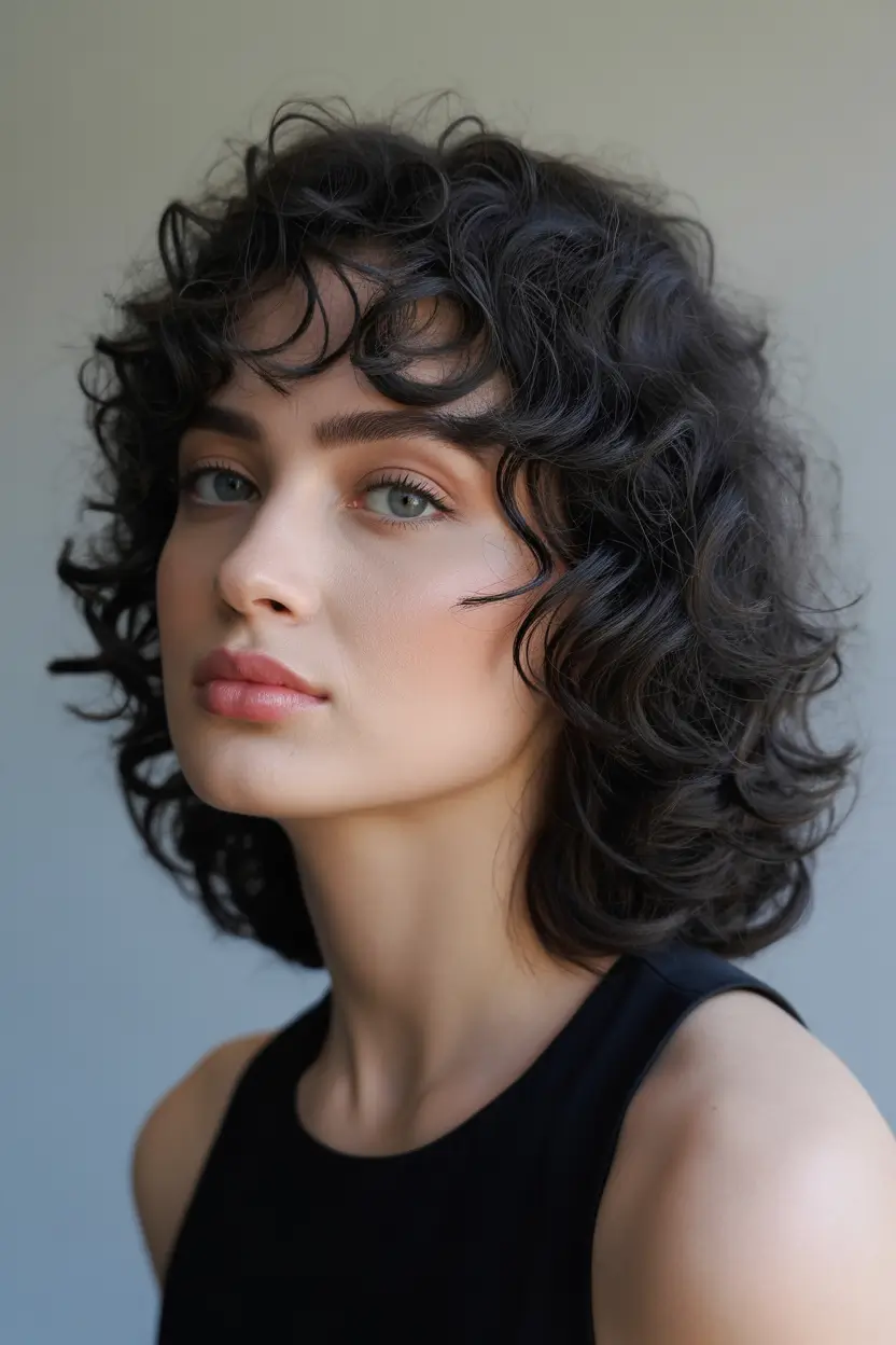 haircut Soft Dark Curly Bob With Airy Fringe
