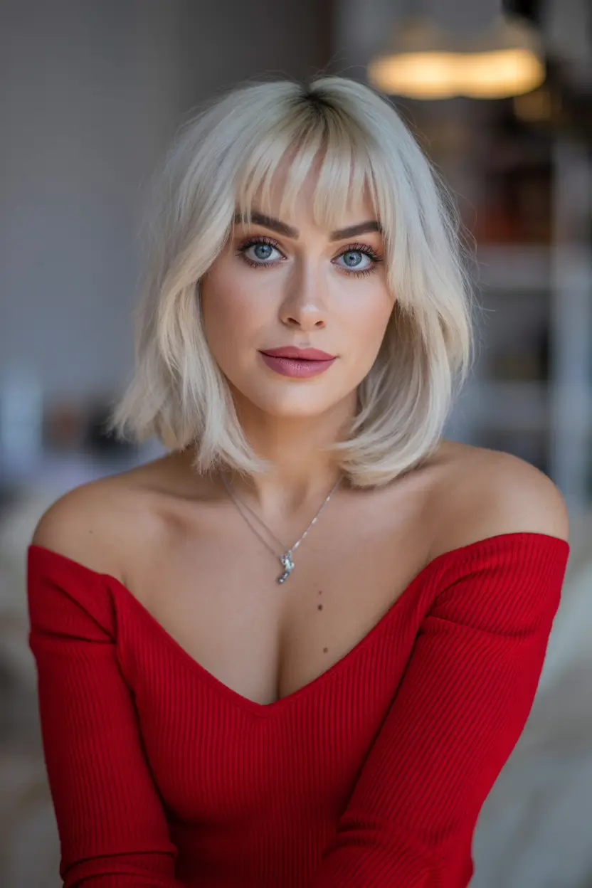 haircut Creamy Blonde Bob With Feathered Bangs