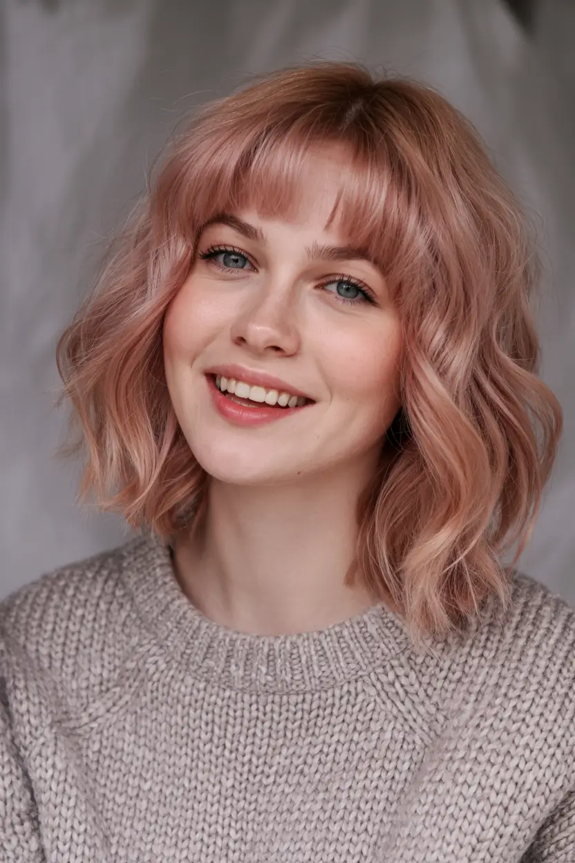 haircut Pastel Rose Wavy Bob With Soft Fringe