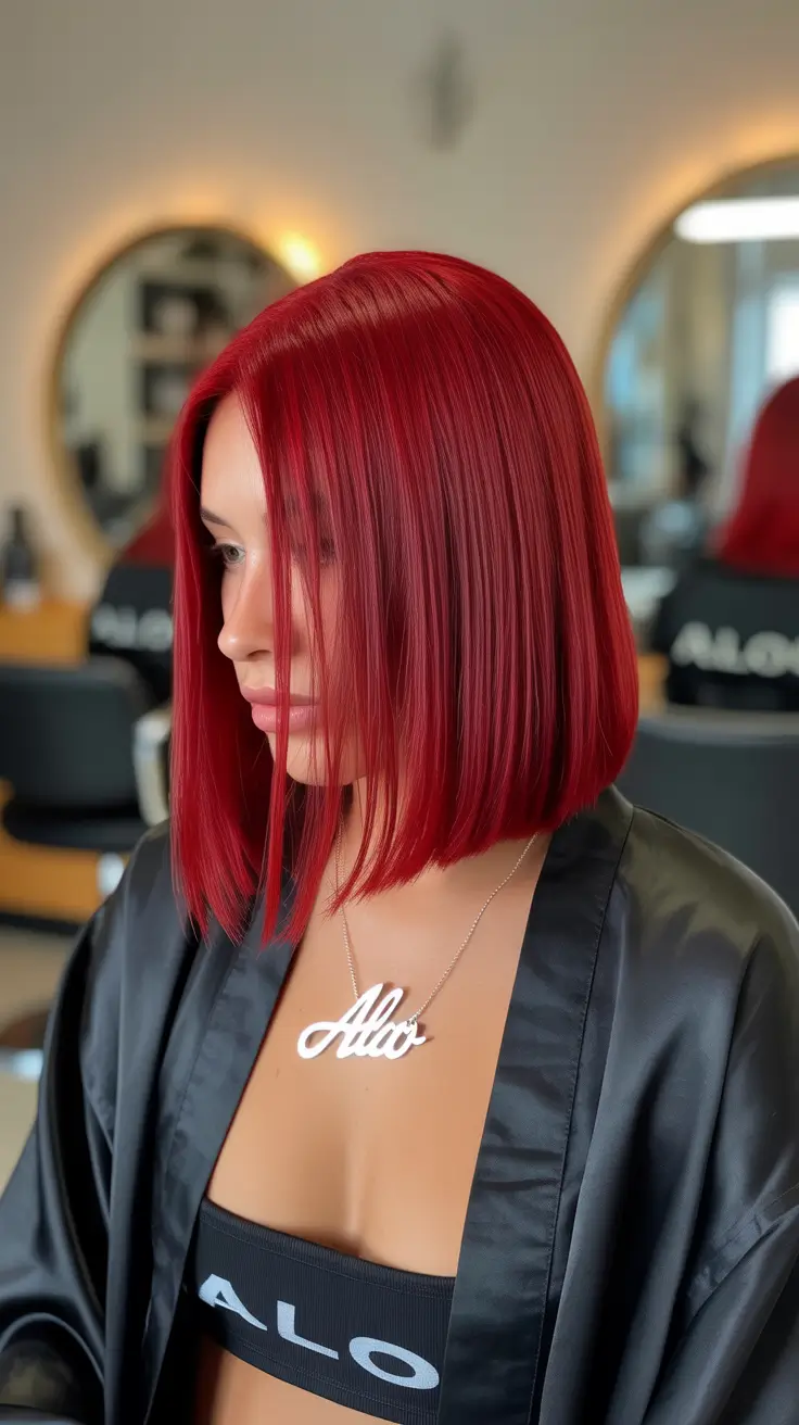 haircut Vibrant Red Sleek Bob With Glass-Like Shine