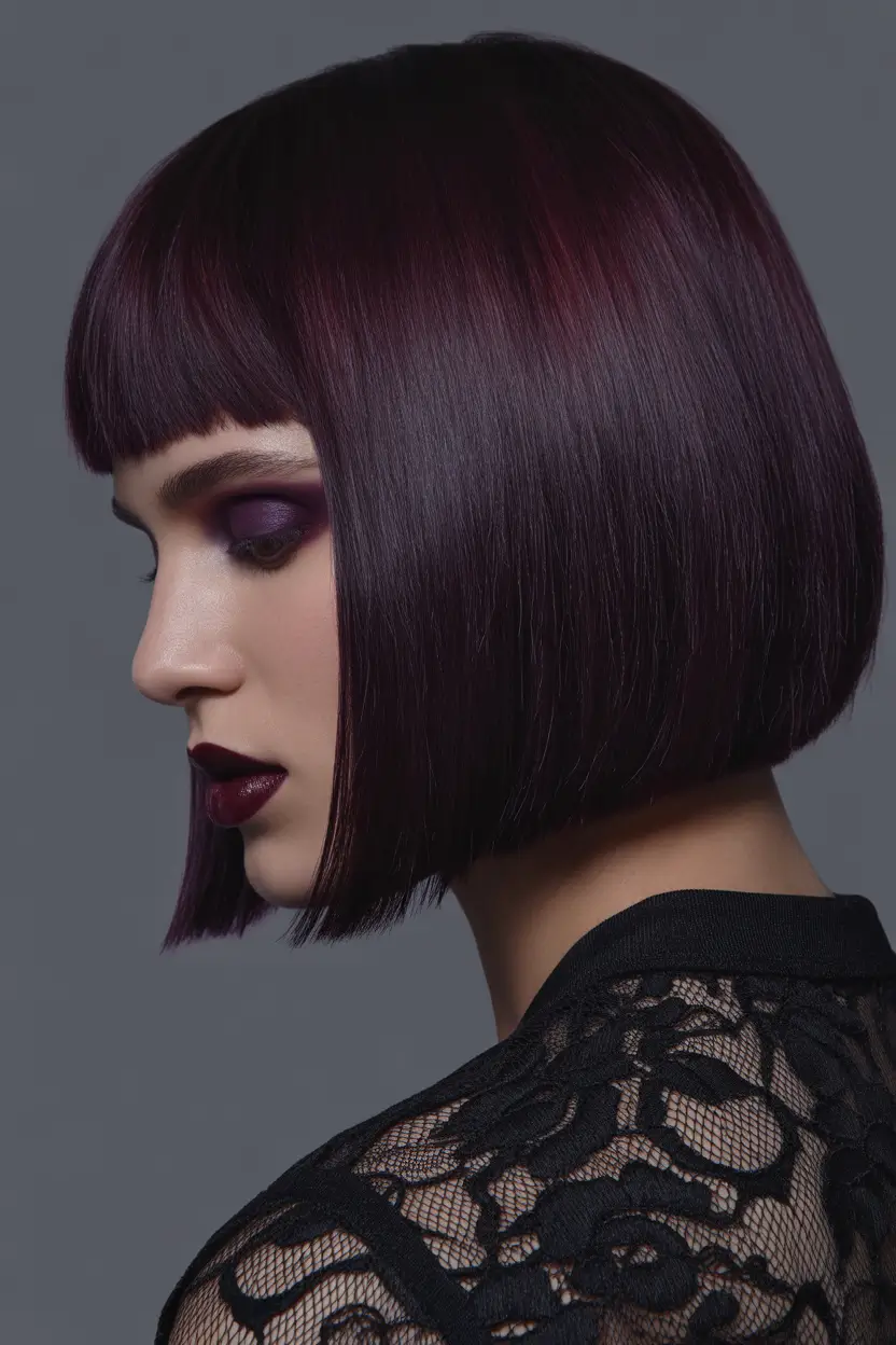 haircut Deep Mulberry Structured Bob With Blunt Bangs