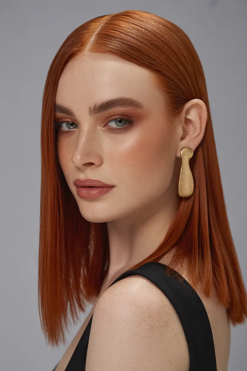 haircut Glossy Mid-Length Copper Sleek Bob