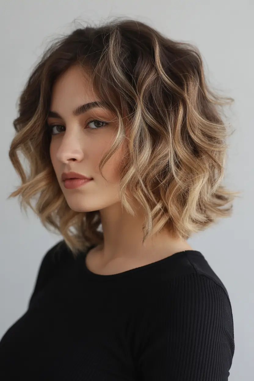 haircut Sunlit Caramel Layered Curly Bob