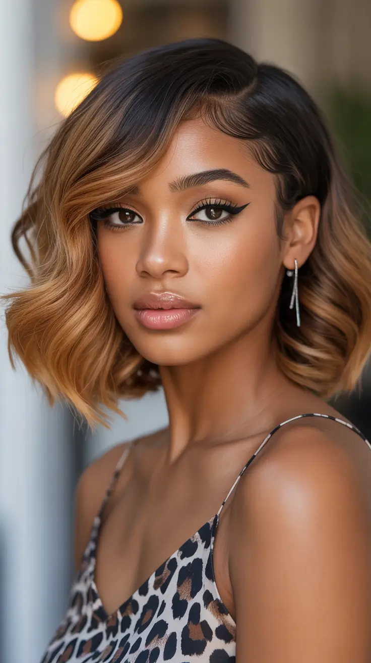 haircut Sculpted Side-Part Bob With Caramel Ombre Waves