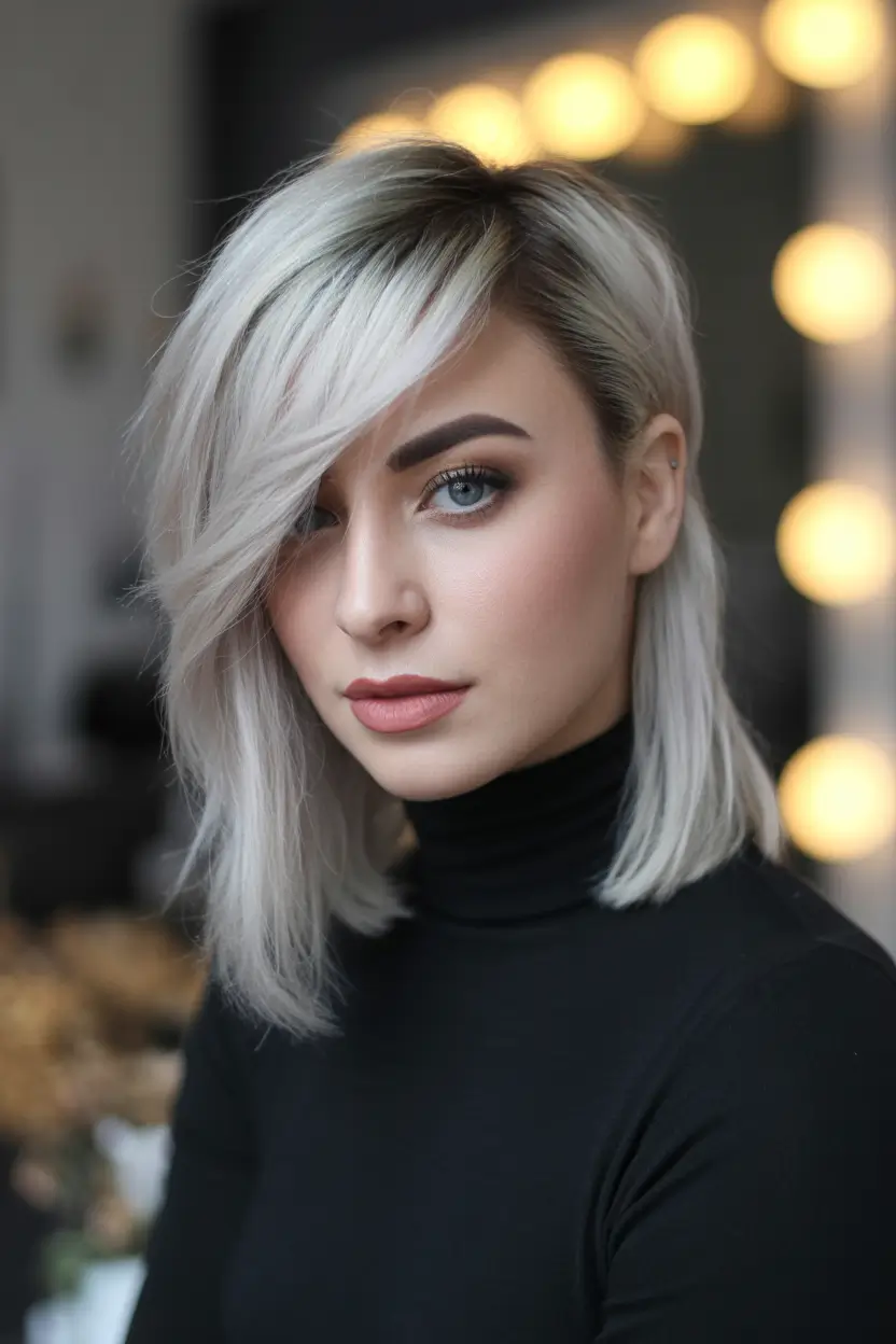 haircut Silver Blonde Mid Length Sweep