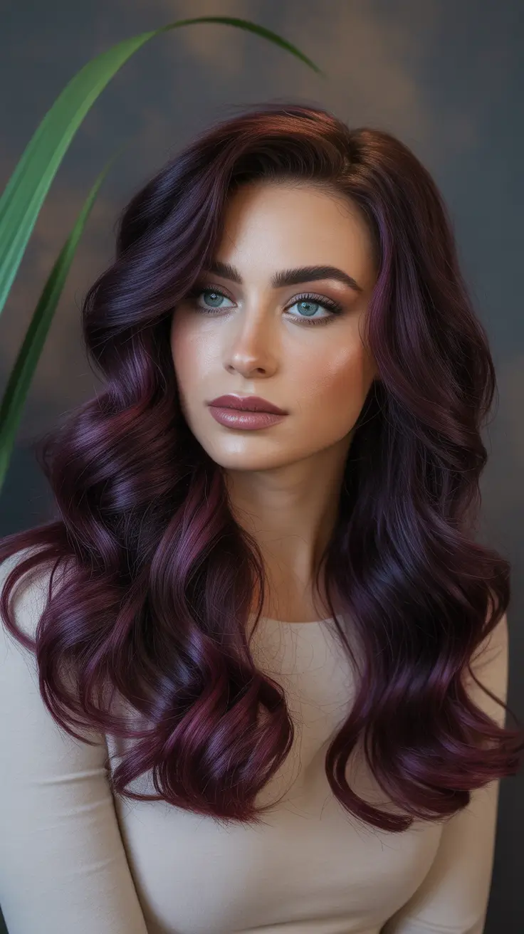 haircut Deep Plum Long Waves With Gloss Finish