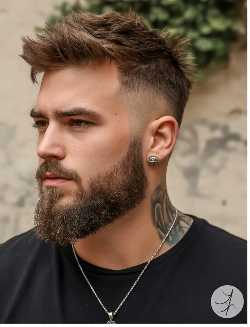 mens haircut Textured Crop with Rugged Beard Balance