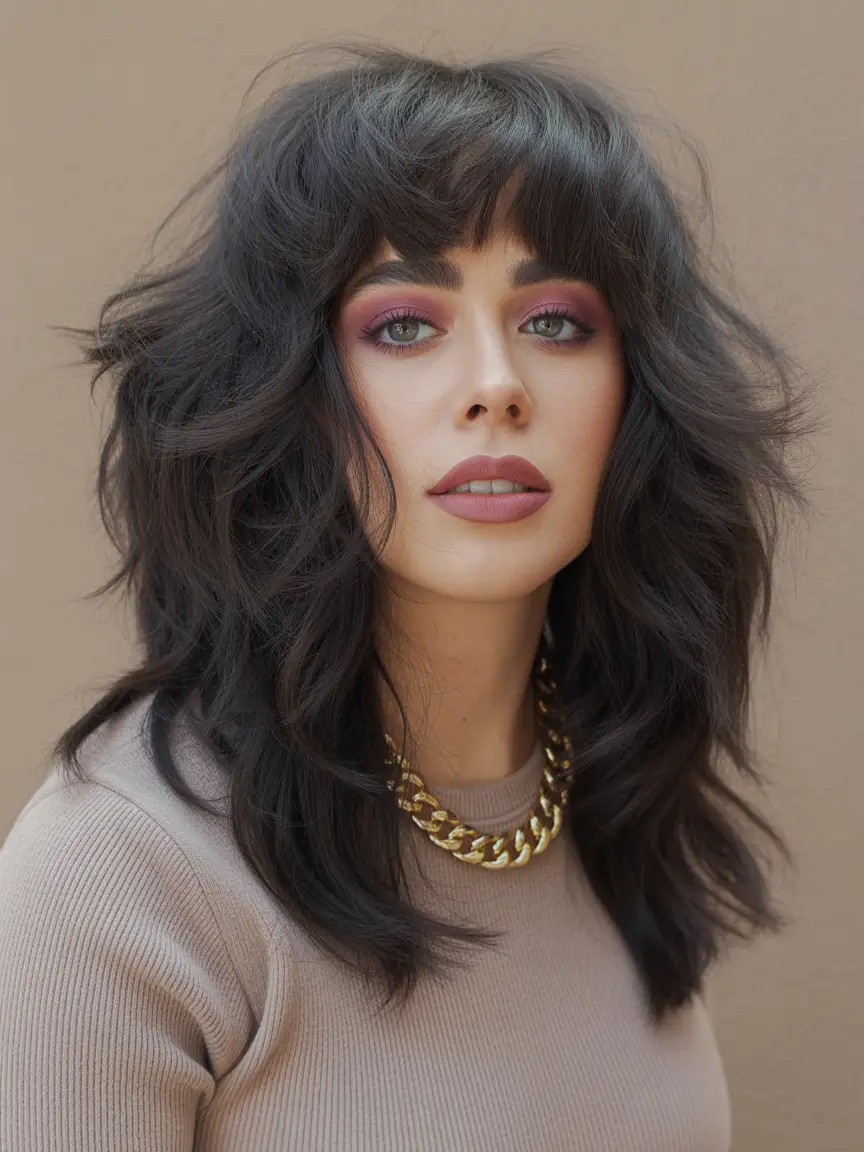 haircuts for medium hair Midnight Textured Shag With Full Fringe