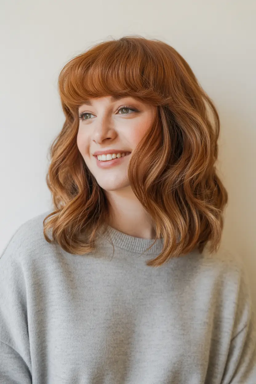 haircuts for medium hair Warm Ginger Soft Waves With Fringe