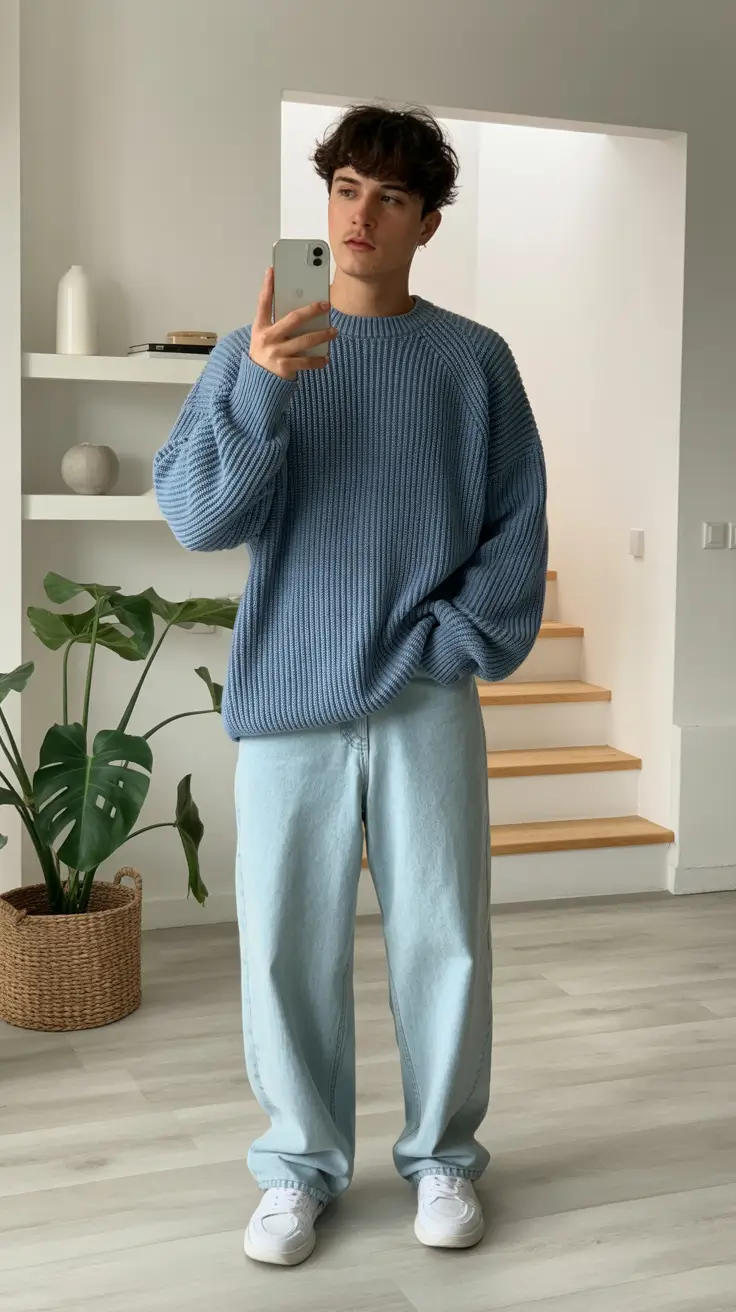 Outfits for Men Soft Blue Knitwear Fresh Aesthetic