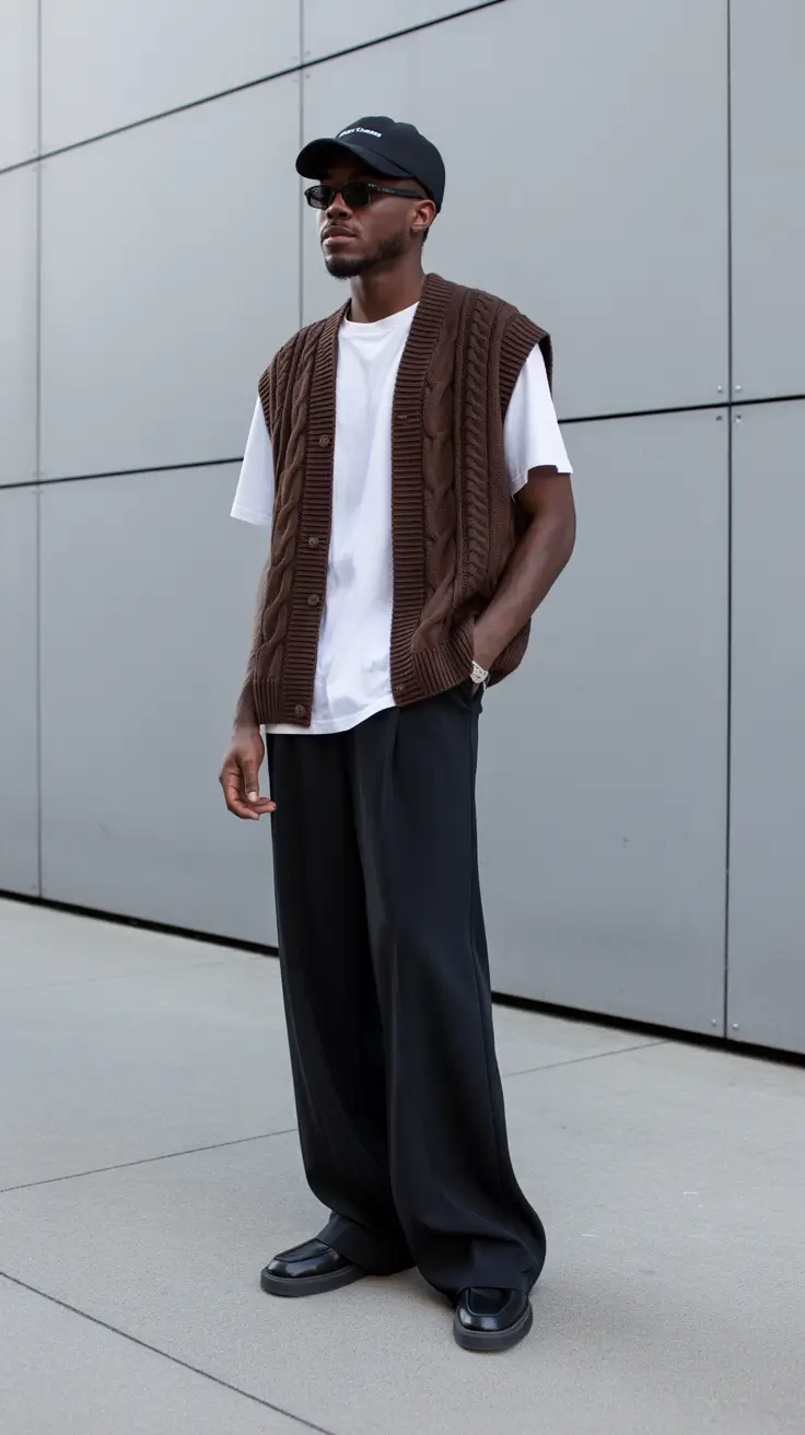 Outfits for Men Chocolate Cable Vest Wide Trousers
