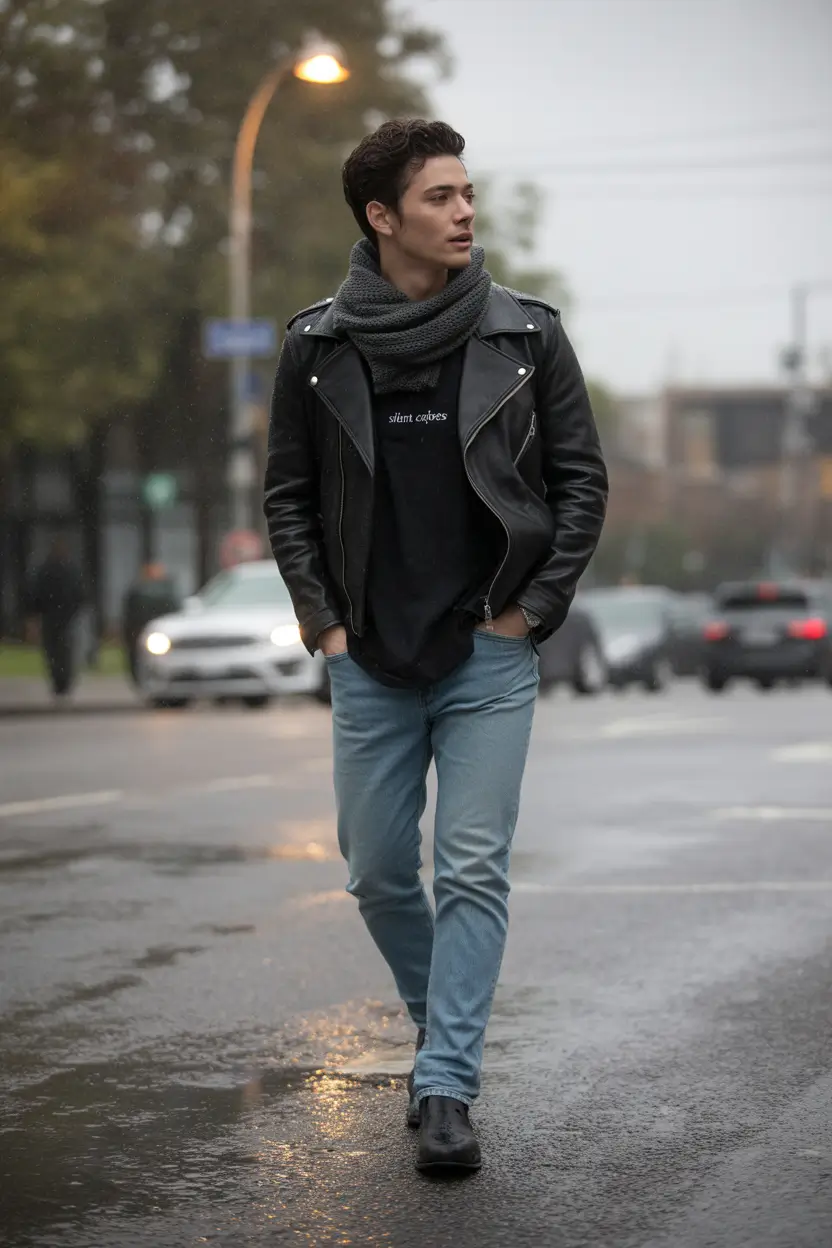 Outfits for Men Rainy Day Layering Leather Scarf