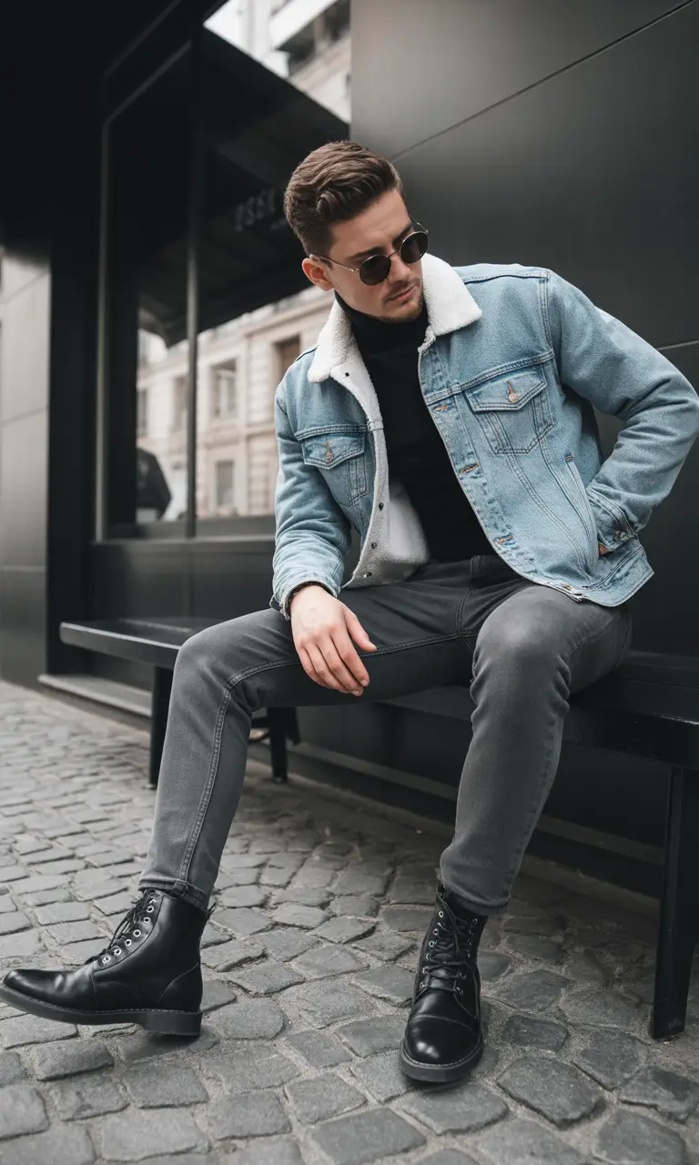 Outfits for Men Denim Shearling Jacket Monochrome Layers