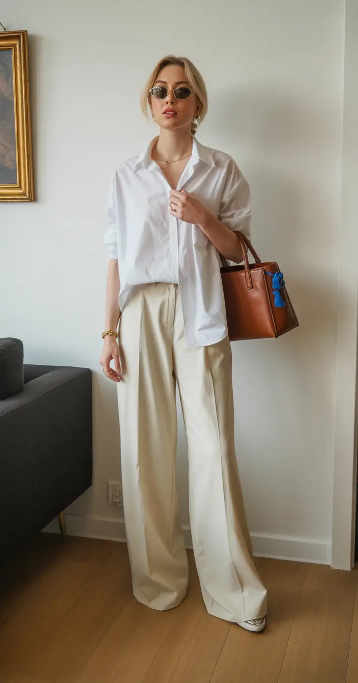 Outfits for Women Over 40 Oversized White Shirt with Tailored Cream Trousers