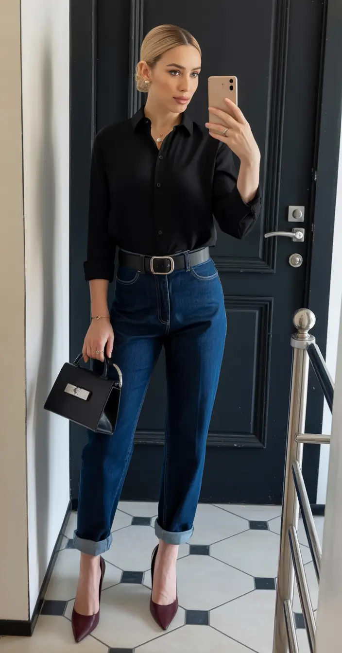 Outfits for Women Over 40 Deep Tonal Denim with a Sleek Black Shirt