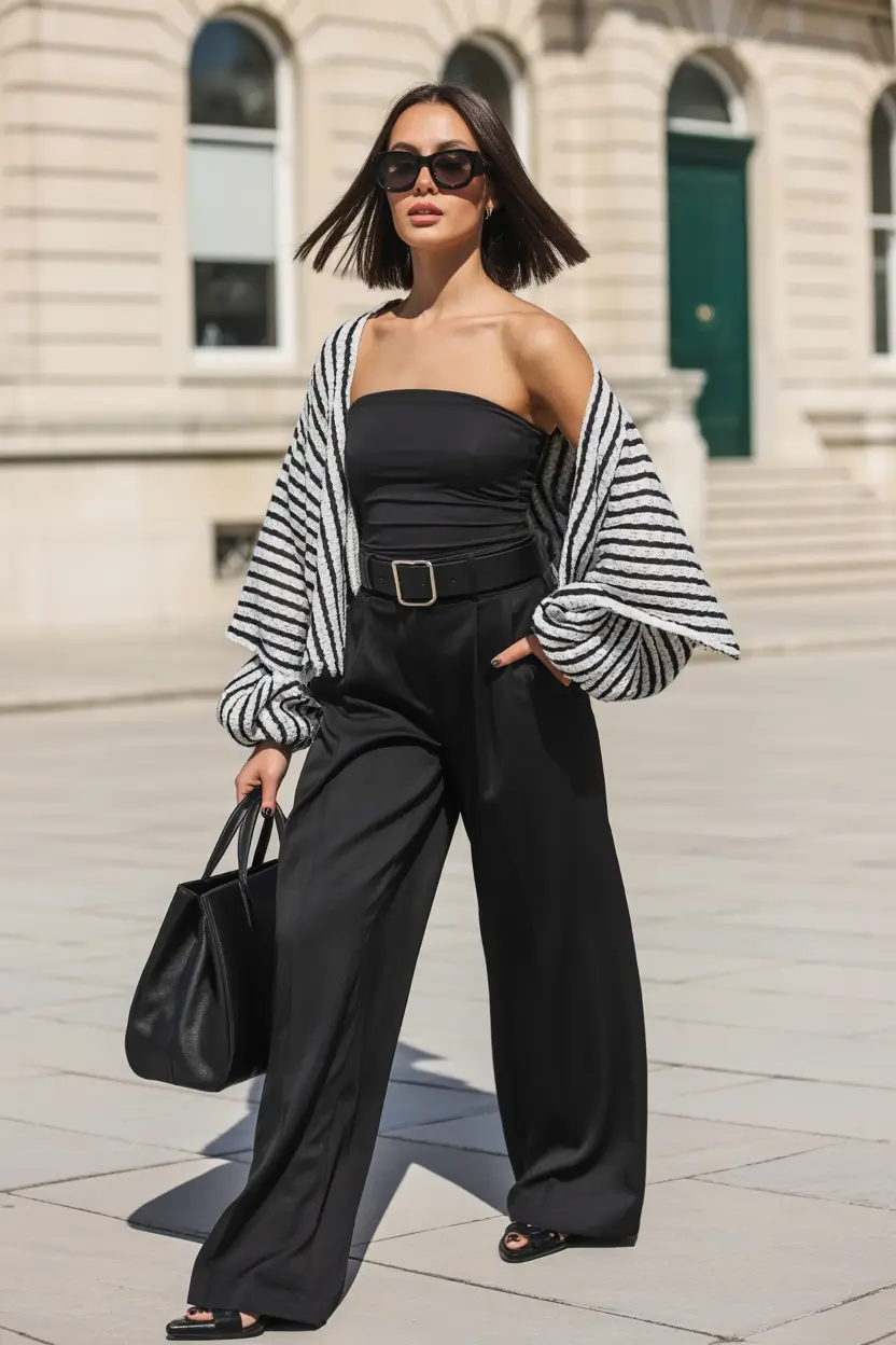 Outfits for Women Over 40 Bold Black Modernity with Striped Texture
