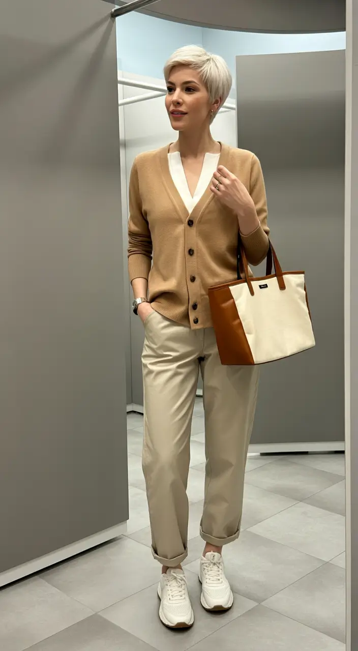 Outfits for Women Over 40 Timeless Beige Layers with Sporty Ease
