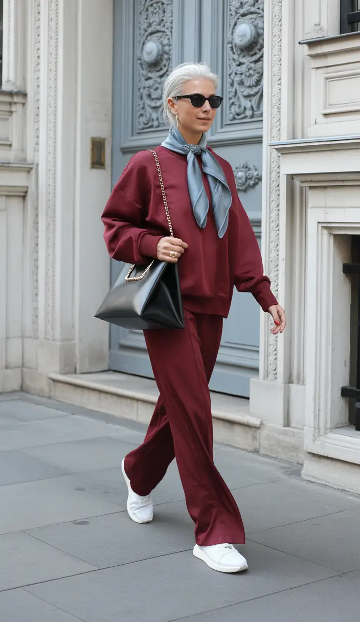 Outfits for Women Over 40 Relaxed Burgundy Set with a Polished Twist