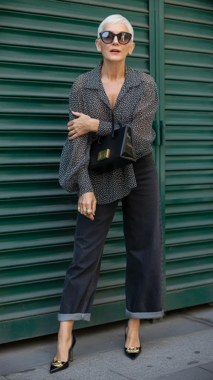 Outfits for Women Over 40 Dark Denim with a Playful Sheer Blouse