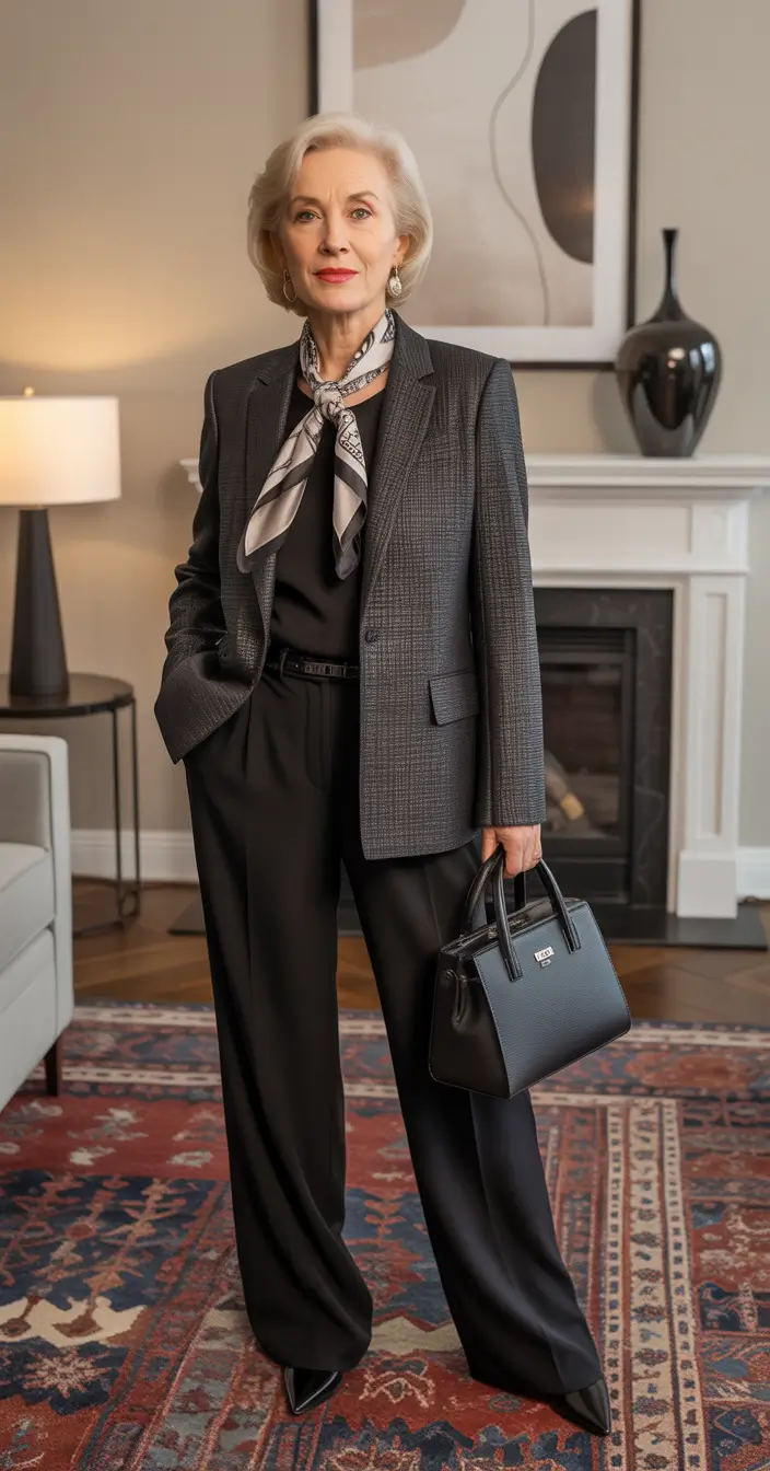 Outfits for Women Over 50 Tailored-Gray-Sophistication-With-a-Silk-Finish