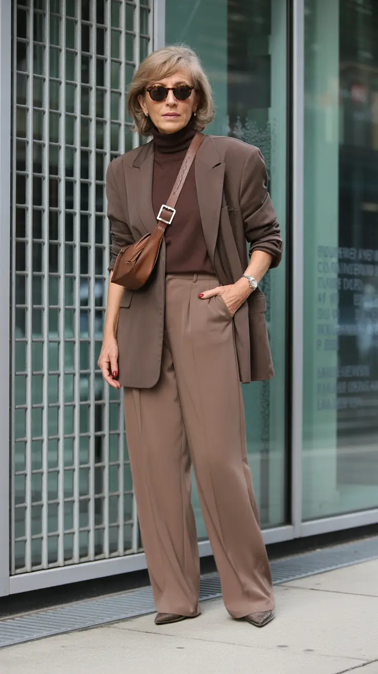 Outfits for Women Over 50 Coffee-Toned-Monochrome-With-Architectural-Layers