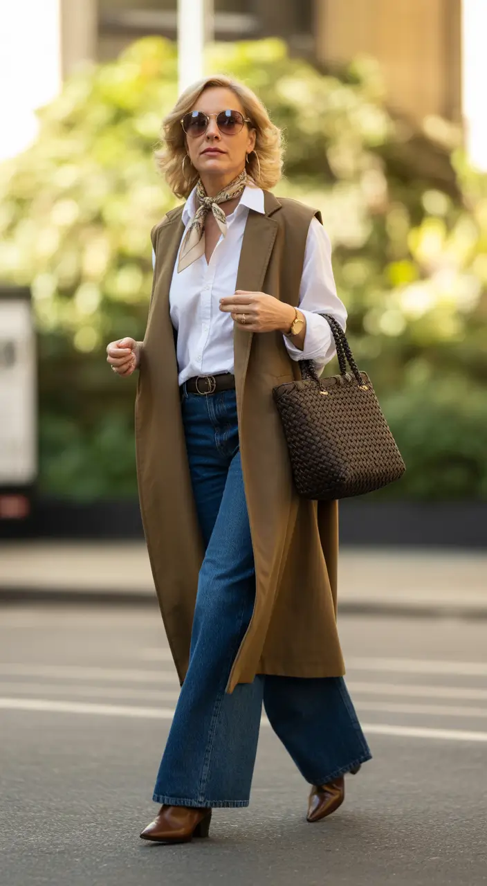 Outfits for Women Over 50 Longline-Vest-Chic-With-Denim-Ease