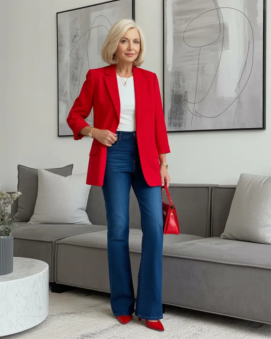 Outfits for Women Over 50 Bright-Red-Confidence-With-Denim-Balance
