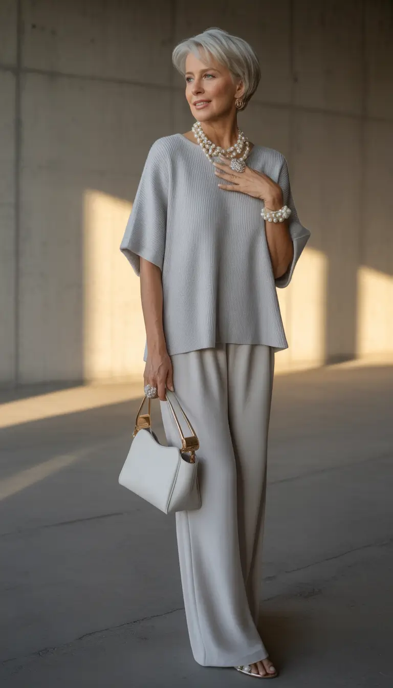 Outfits for Women Over 50 Soft-Pearl-Luminosity-in-Whisper-Gray-Harmony
