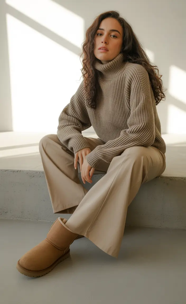 ugg outfits Timeless Neutrals - Classic Knit and Wide-Leg Elegance