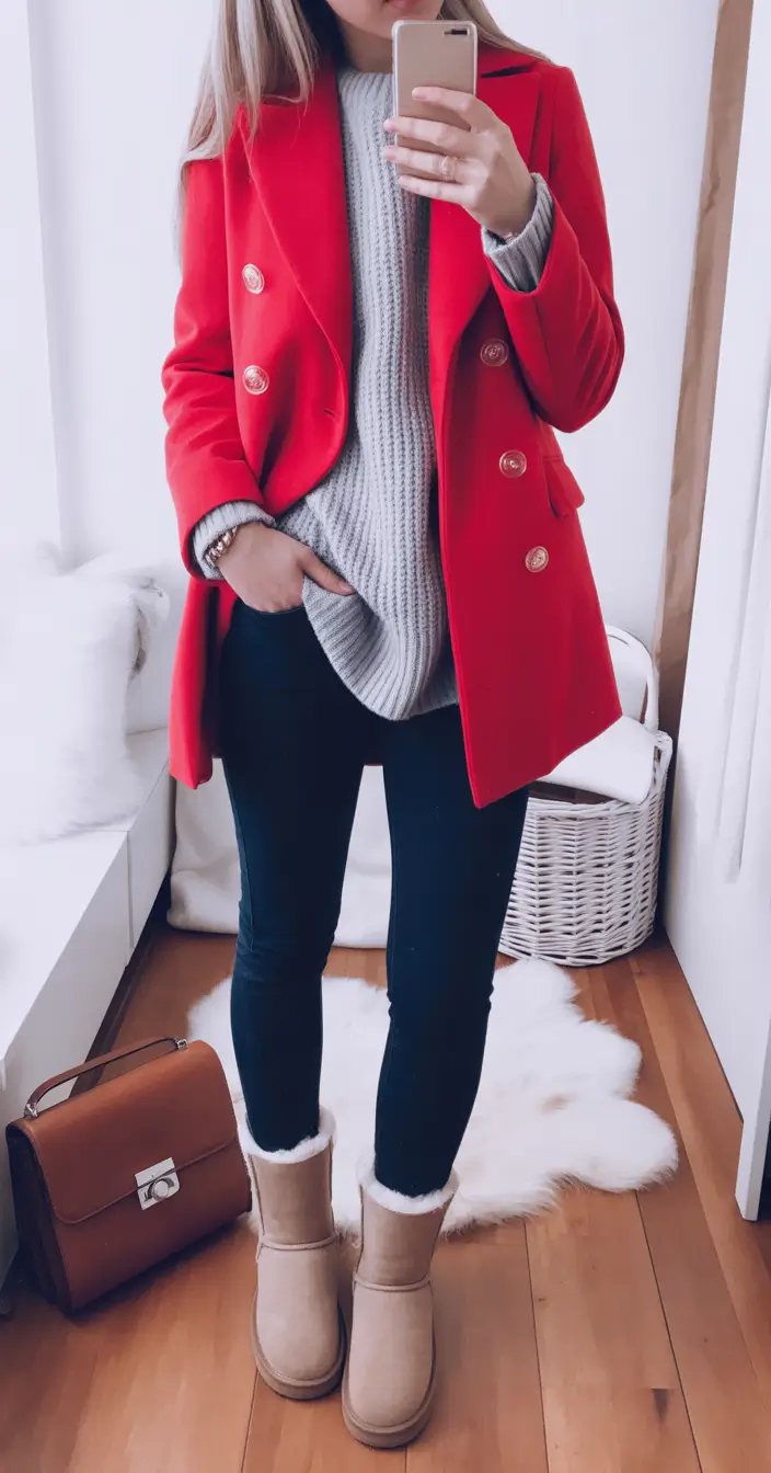 ugg outfits Bold Red and Neutral Contrast - Winter Energy Redefined