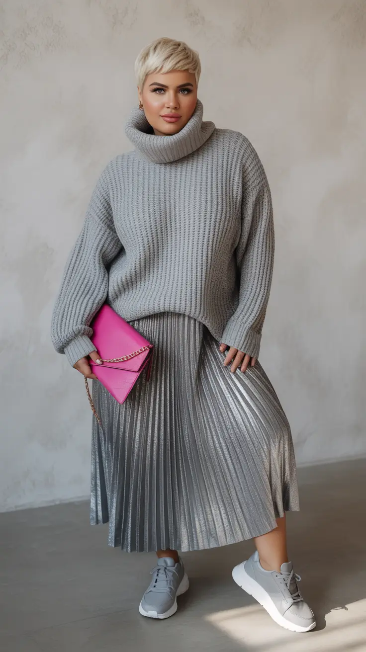 plus size outfits 2026 Metallic Harmony and Cozy Textures