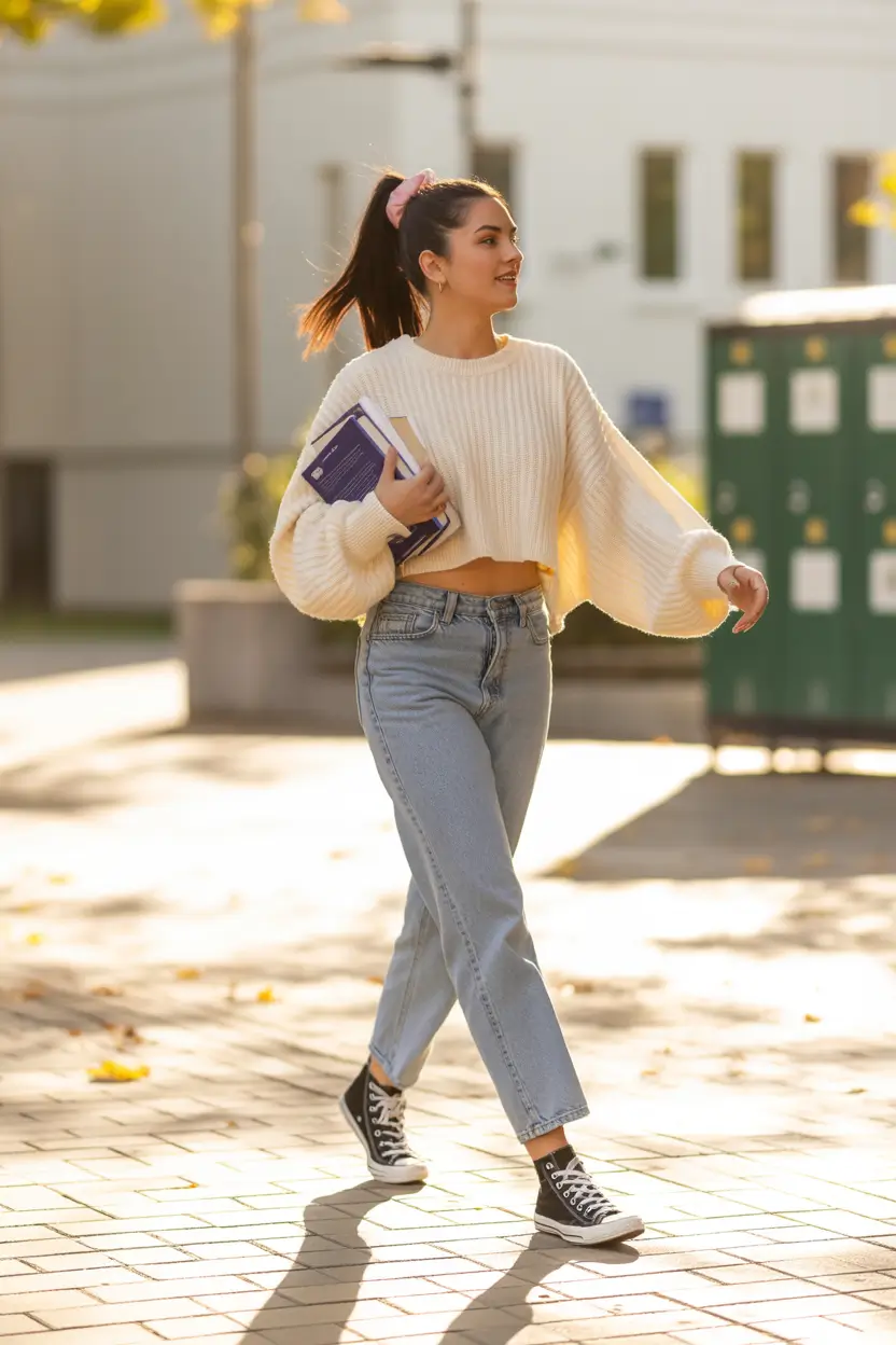 sweater outfits White Cropped Effortless College Cool