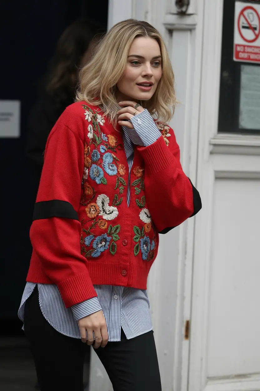 sweater outfits Red Embroidered Elegance