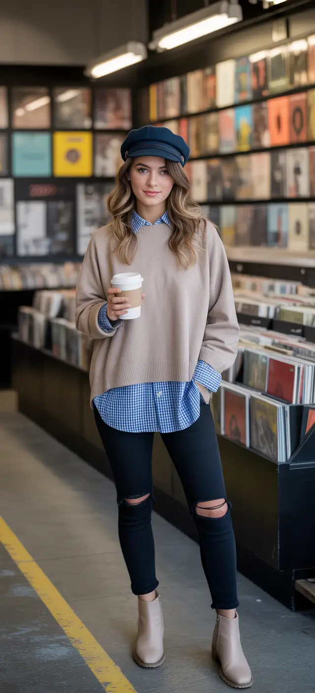 sweater outfits Beige Blue Gingham Charm
