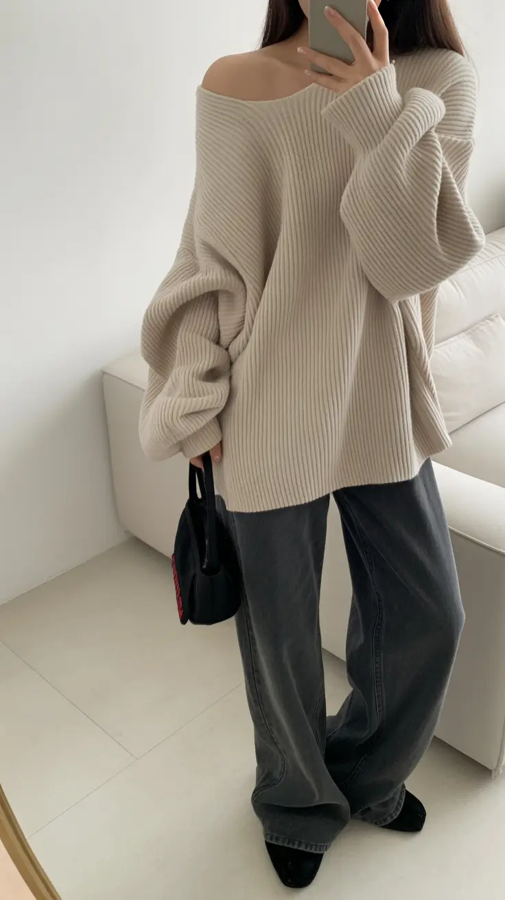 sweater outfits Oversized Beige Off Shoulder Ease
