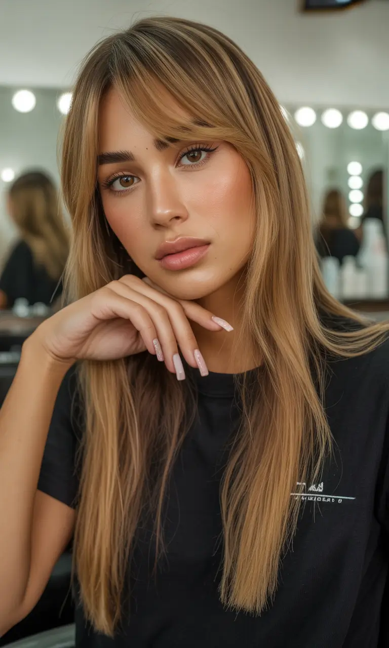 haircuts for thin fine hair Long-Caramel-Layers-With-Soft-Curtain-Bangs