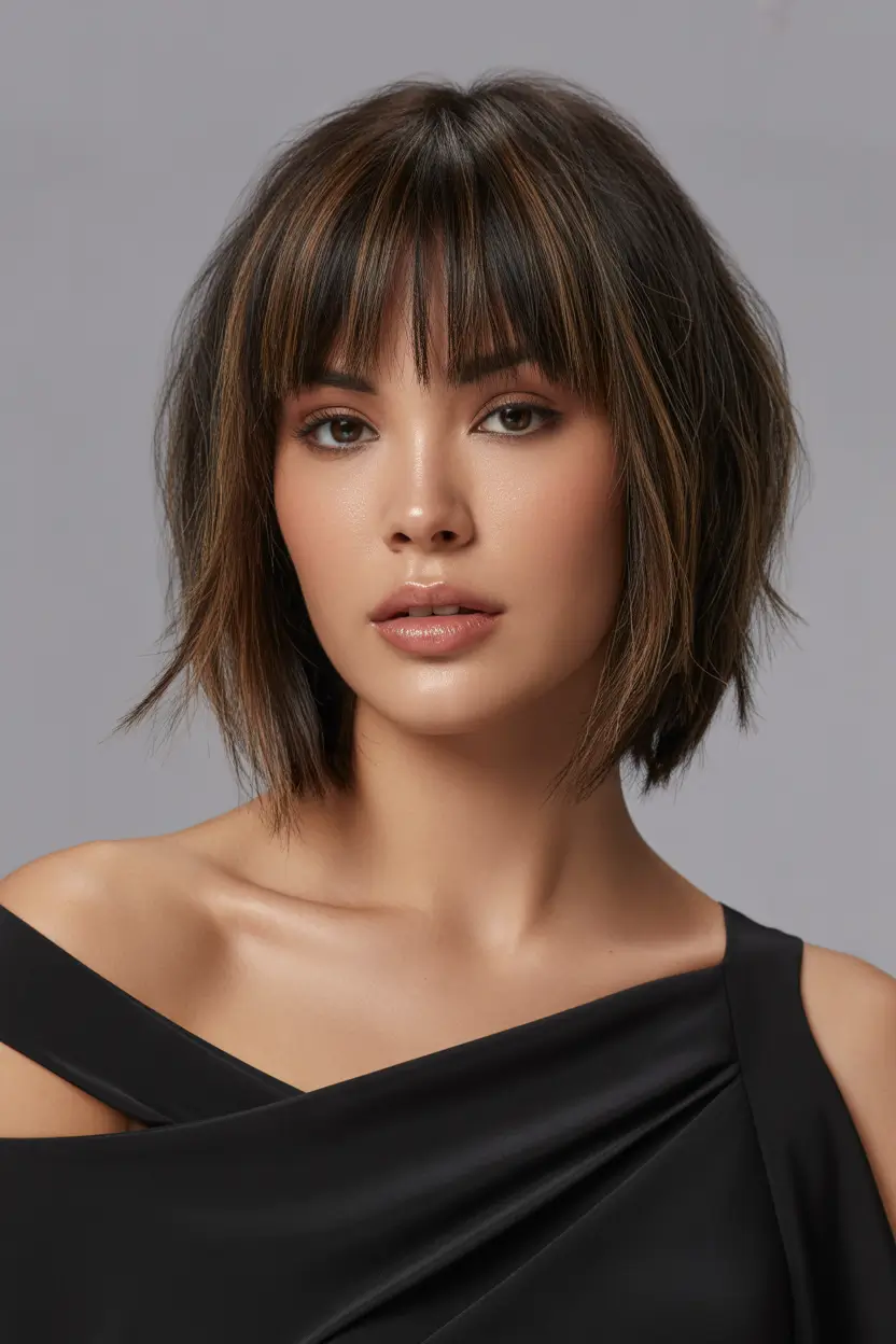 haircuts for thin fine hair Textured-Brunette-Bob-With-Soft-Fringe