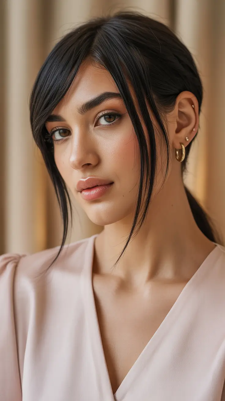 haircuts for long hair Low Pony With Sleek Side Bangs and Delicate Strands