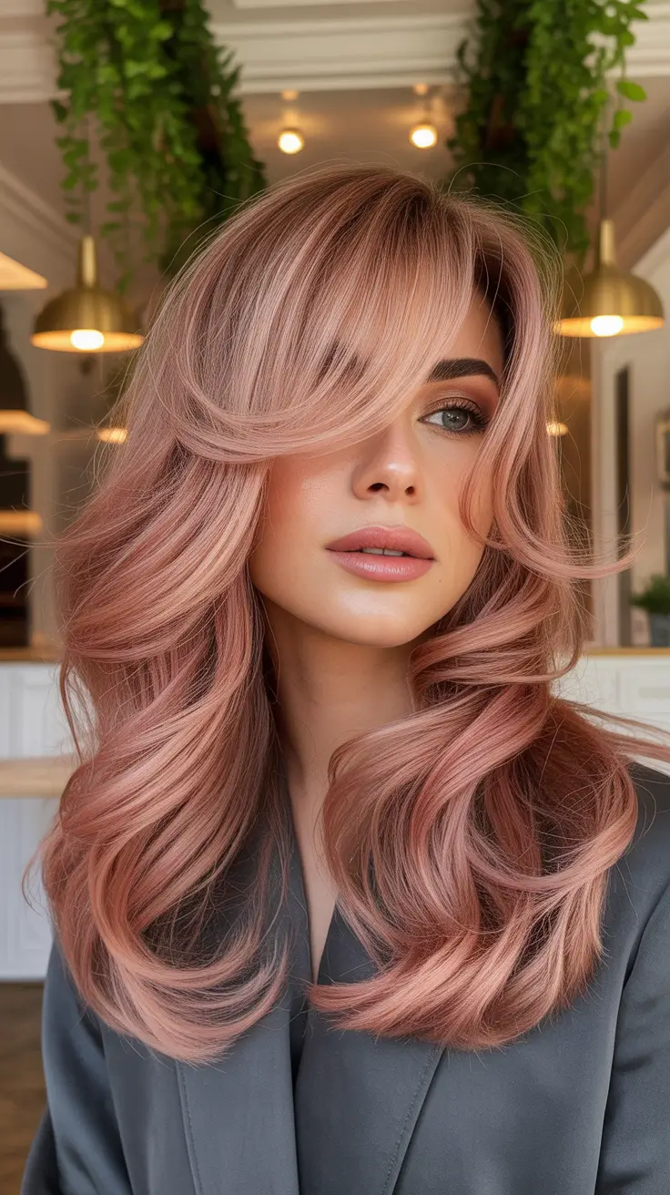 haircuts for long hair Rosy Layered Waves With Side-Swept Lightness