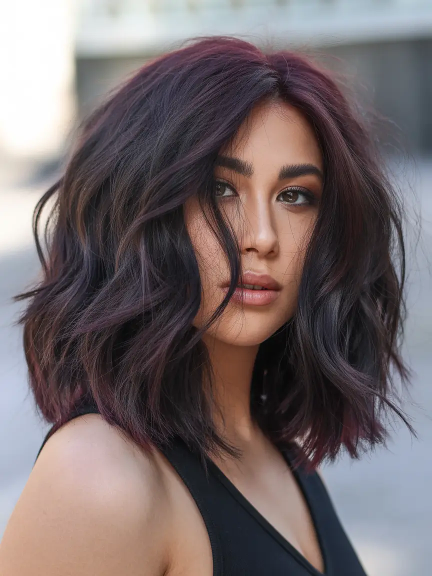 haircuts for long hair Textured Lob With Dark-Plum Dimension