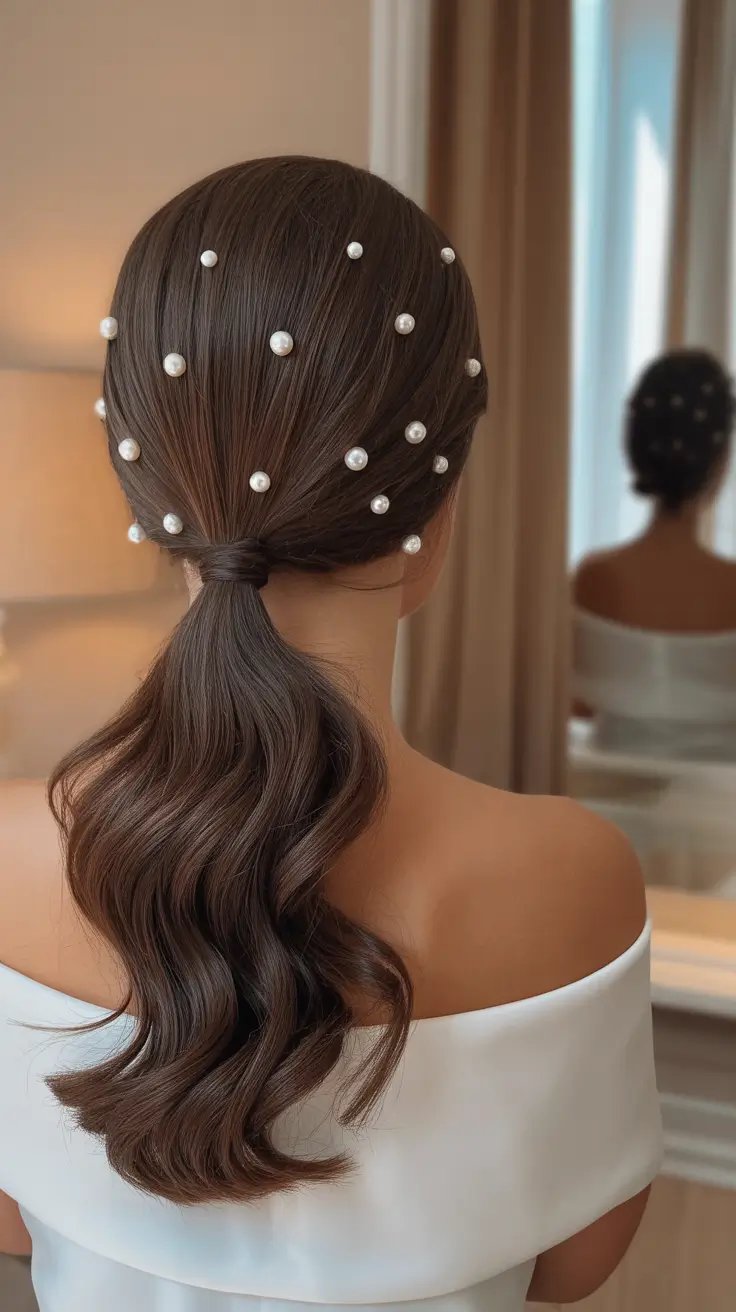 haircuts for long hair Pearl-Studded Low Ponytail With Wavy Ends