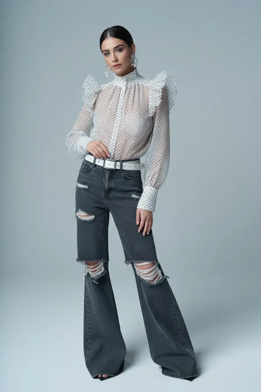 trendy outfits 2026 Sheer Ruffles Meet Distressed Denim Drama