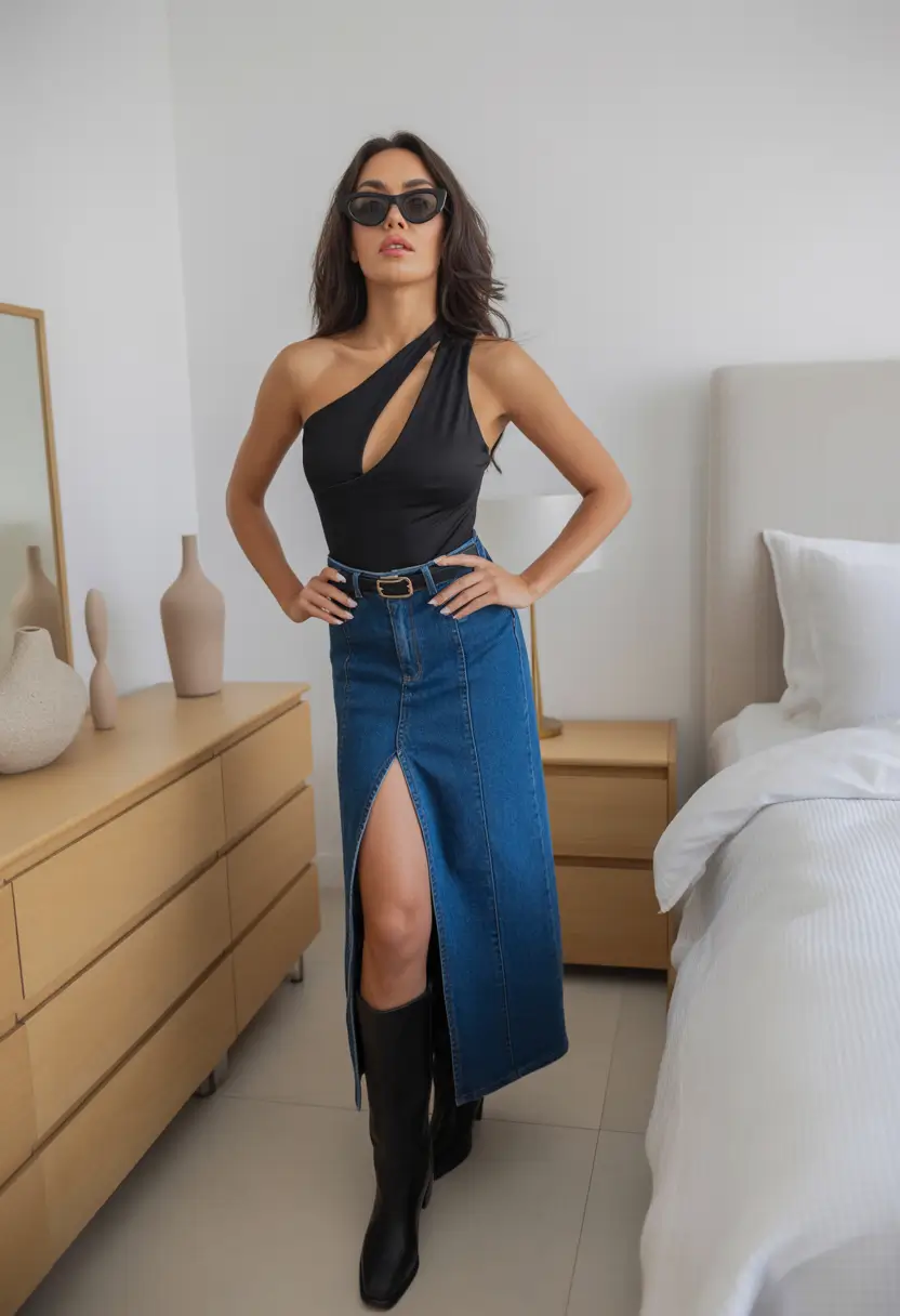 trendy outfits 2026 Dark Minimalist Curves With Denim Contrast