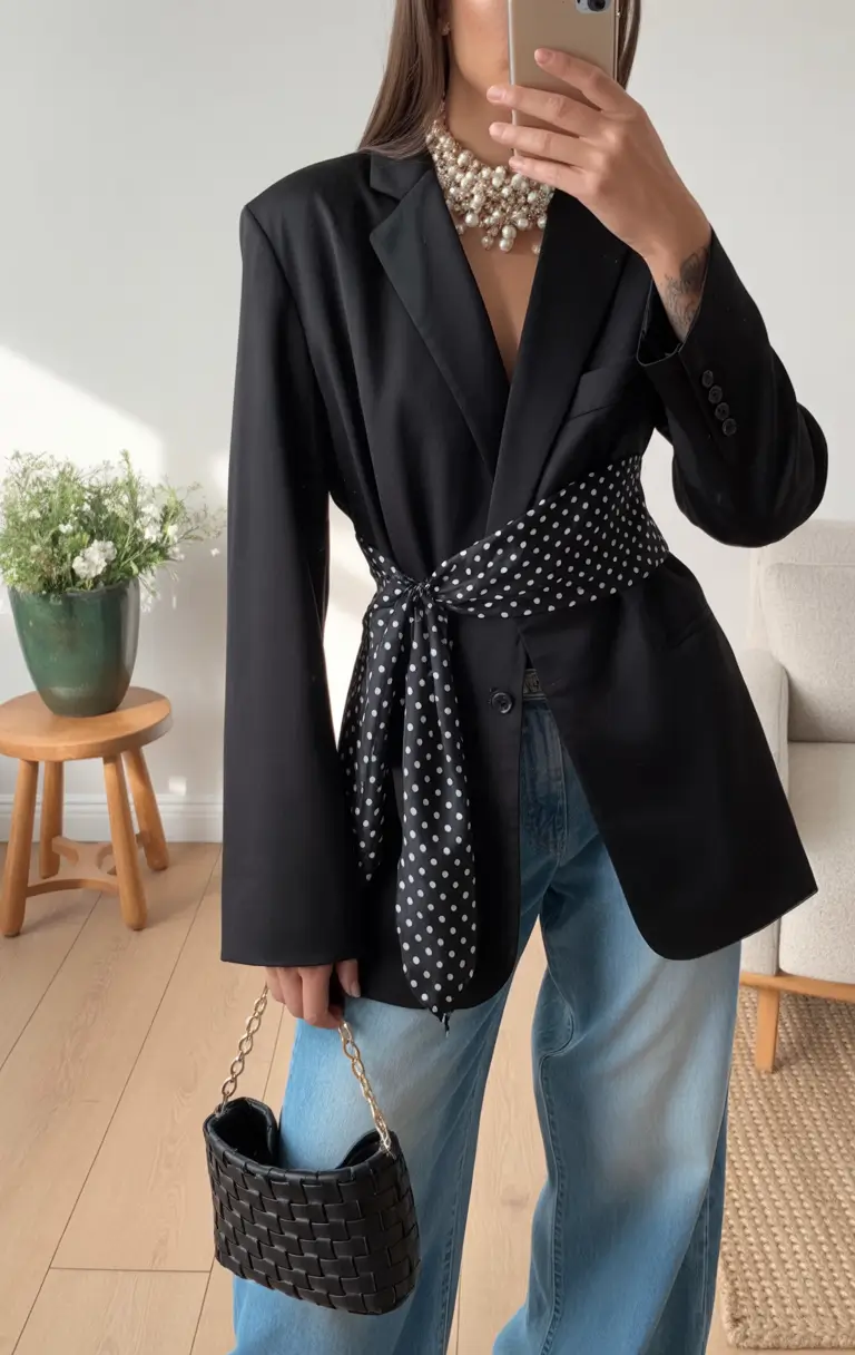 trendy outfits 2026 Structured Black Blazer With Playful Pearl Volume